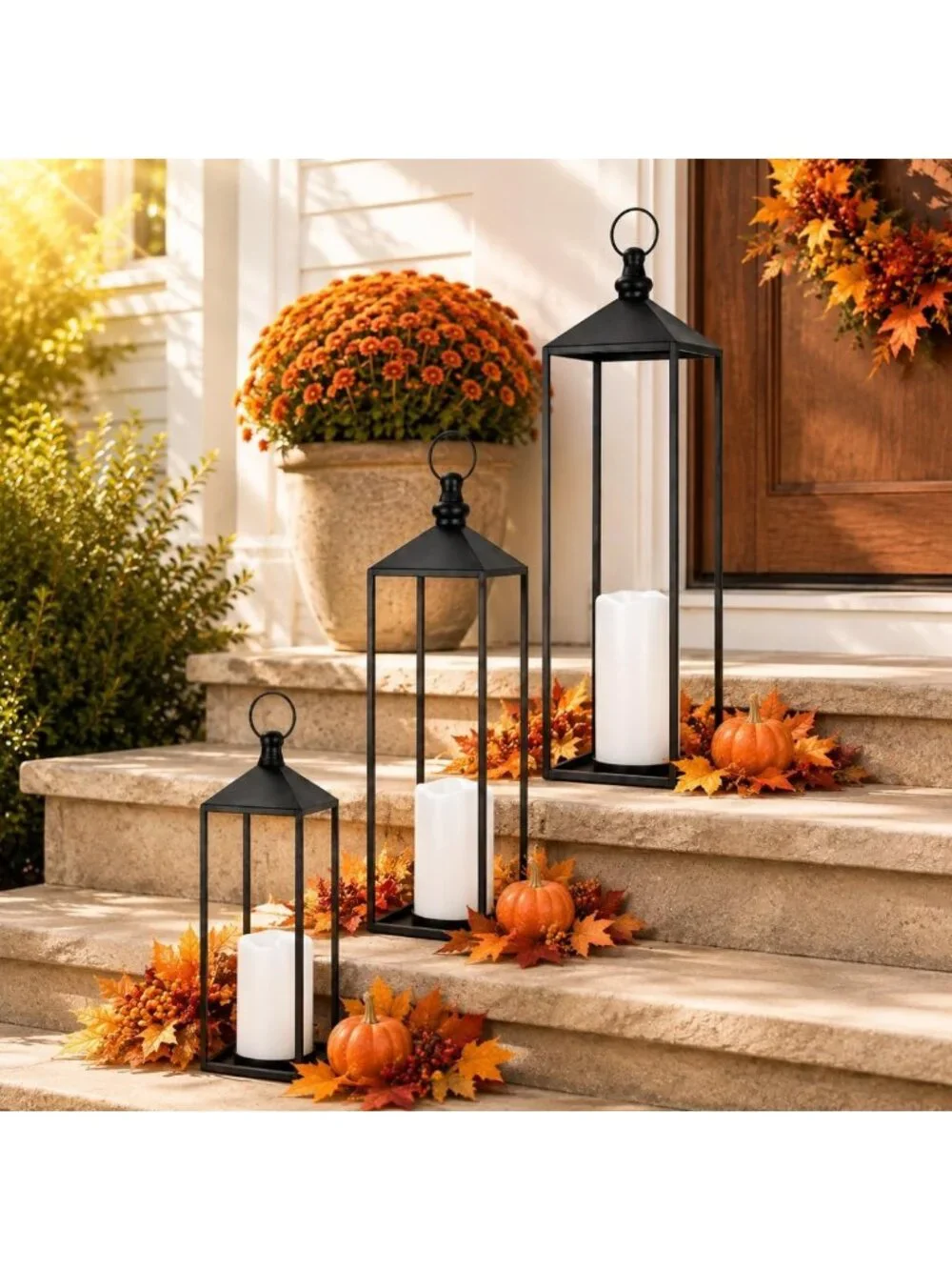 Set of 3 Large Black LED Lanterns with Flameless Candles for Indoor & Outdoor